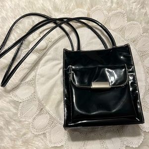 Moda Attiva Black Faux Patent Leather Style Purse Drawstring Closure